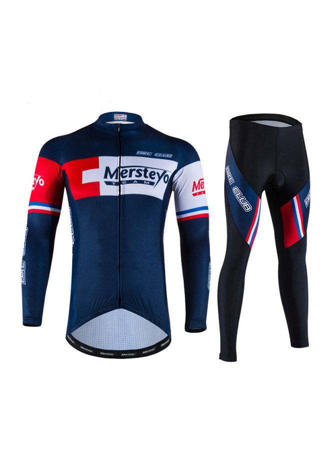 QiaoKai 2-Piece Printed Cycling Suit Set Navy Blue/White/Red  - Image 1