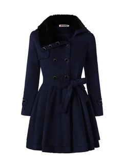 Solid Ruffled Hem Trench Coat With Waist Band Navy Blue
