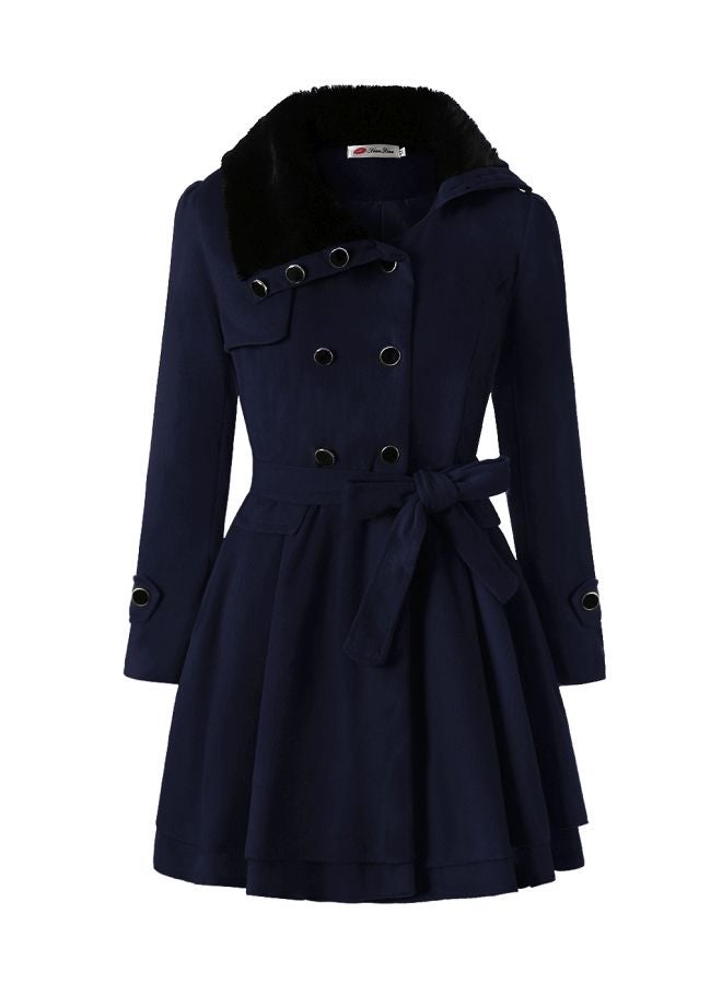 QiaoKai - Solid Ruffled Hem Trench Coat With Waist Band Navy Blue - Image 1