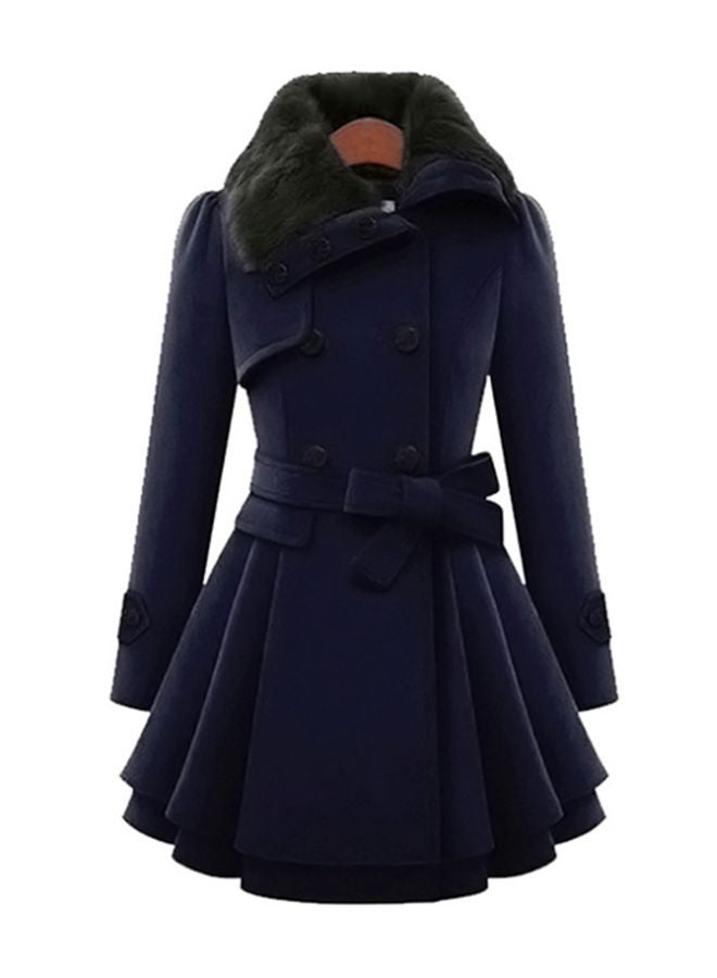 QiaoKai - Solid Ruffled Hem Trench Coat With Waist Band Navy Blue - Image 1