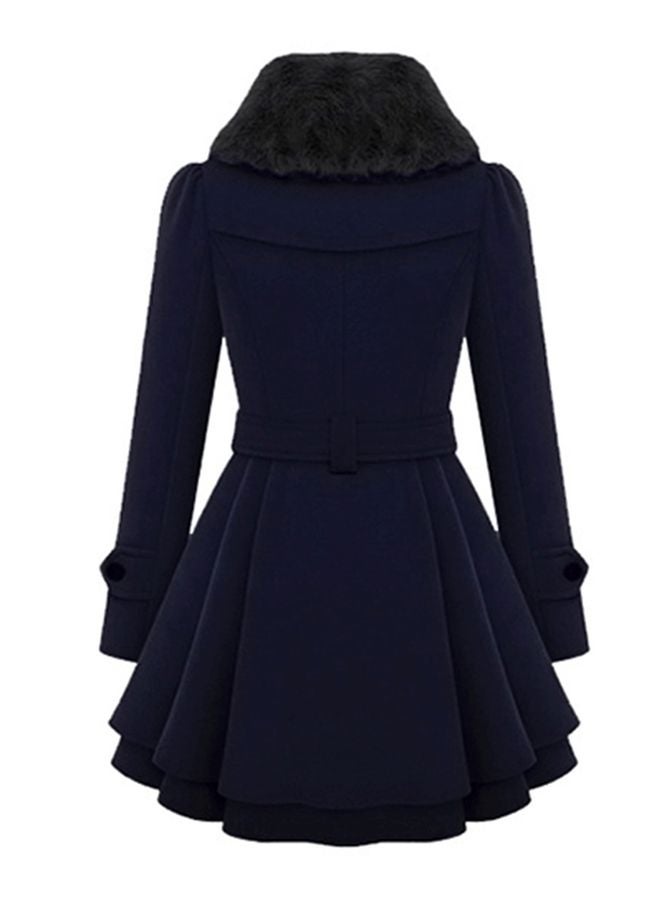 QiaoKai - Solid Ruffled Hem Trench Coat With Waist Band Navy Blue - Image 1