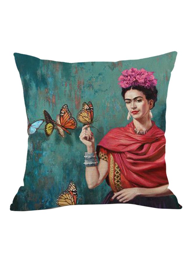 غطاء وسادة بطبعة شخصية فريدا كاهلو أحمر/بيج/أخضر 45x45سم