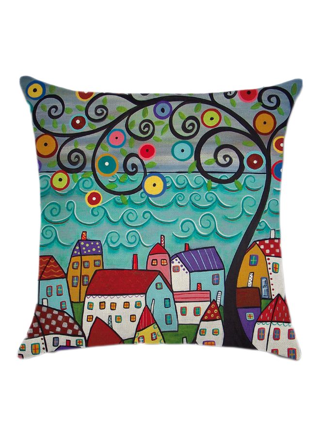 Abstract House Printed Cushion Cover Red/Blue/White 45x45cm