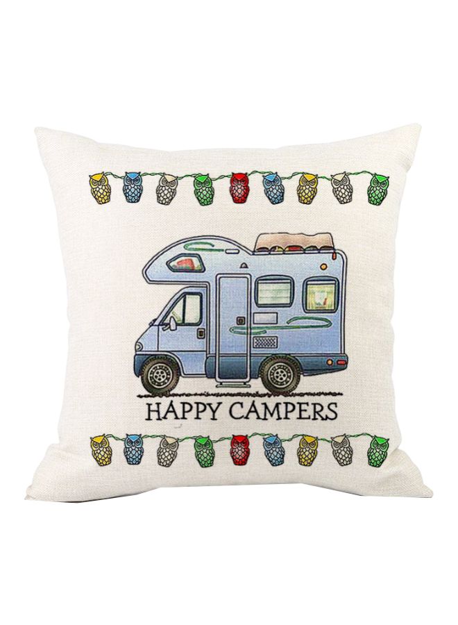 كيس مخدة مطبوع بعبارة "Happy Campers" بيج\أزرق\أخضر 45x45سم