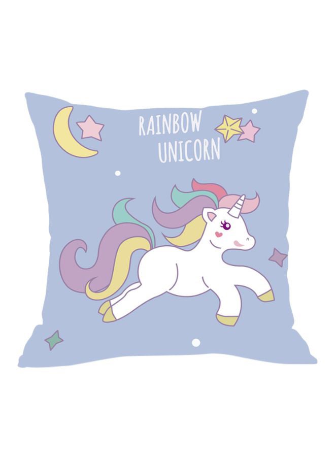 غطاء وسادة بطبعة رسمة يونيكورن وعبارة "Rainbow Unicorn" أزرق/أبيض/أصفر 45x45سم