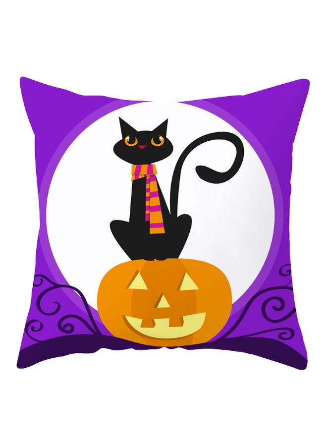 Halloween Cat Printed Cushion Cover White/Purple/Orange 45x45cm