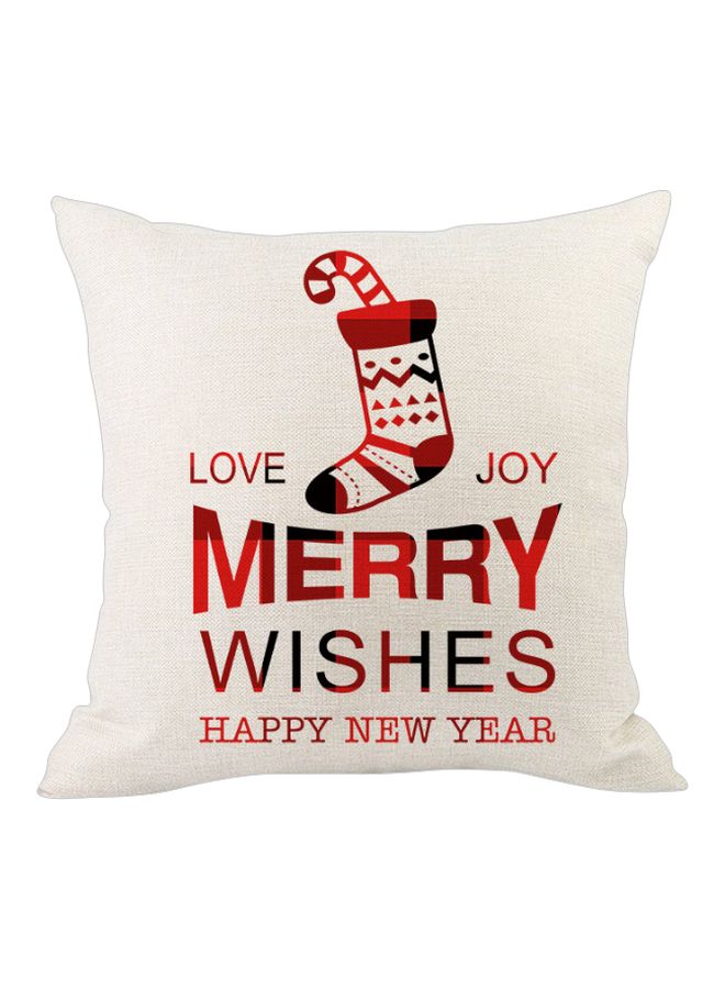 Happy New Year Printed Cushion Cover Beige/Red/Black 45x45cm