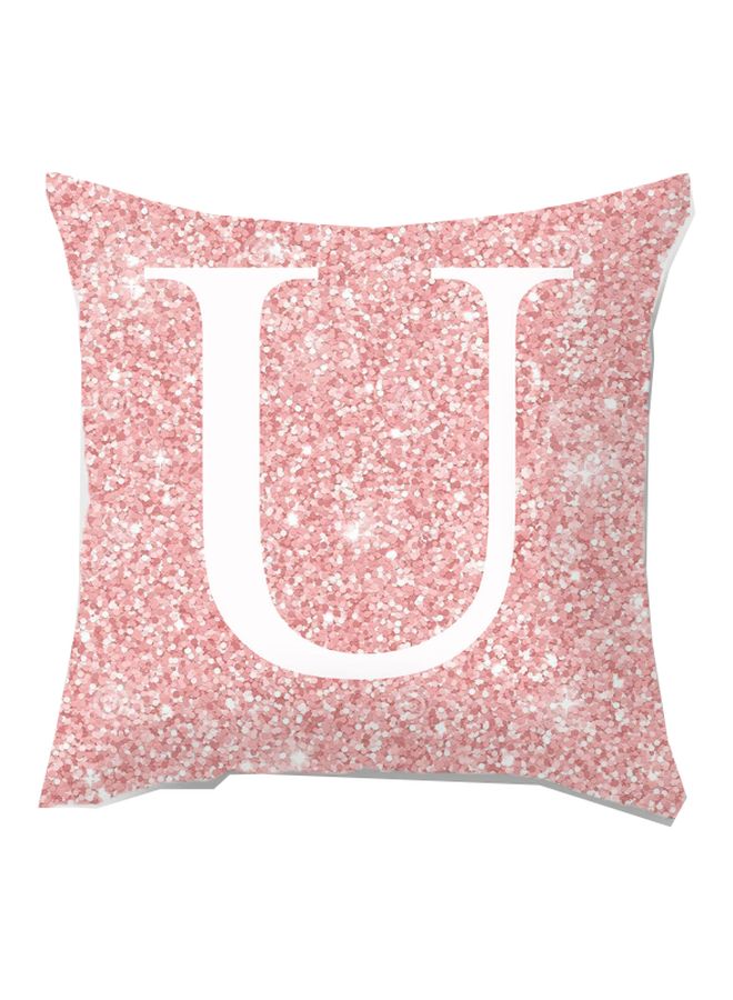 غطاء وسادة ديكور مزيّن بطبعة حرف U وردي/أبيض 45x45سم