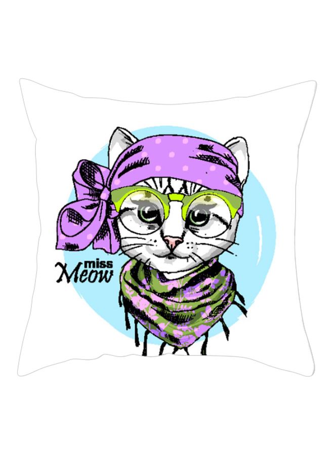 غطاء وسادة ديكور بطبعة قطة وعبارة "Miss Meow" أبيض/أرجواني/أزرق 45x45سم