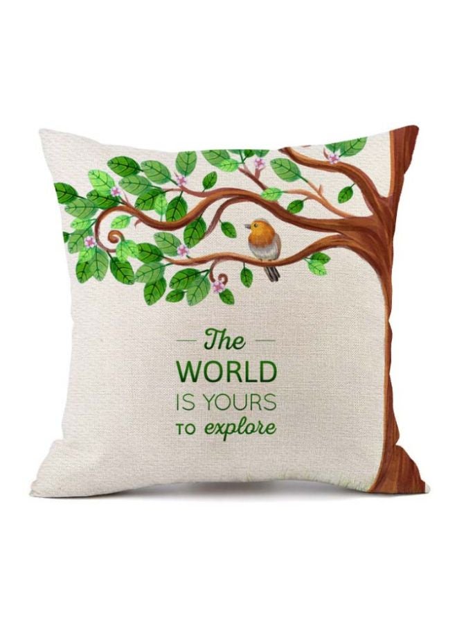 غطاء وسادة بطبعة عبارة ’The World Is Yours’ البيج/ الأخضر/ البني 45x45سم