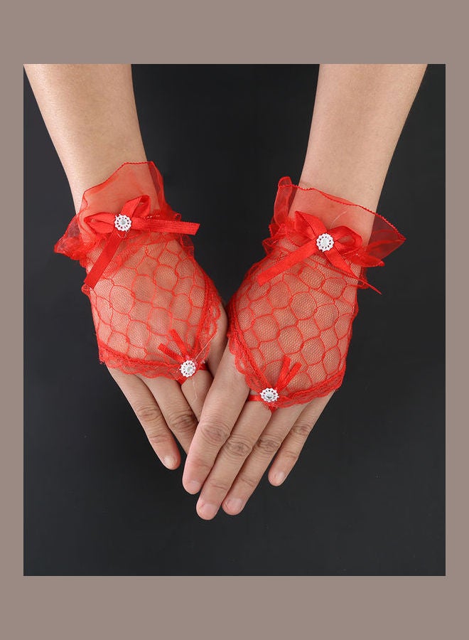 Fingerless Bridal Short Gloves Red  - Image 2