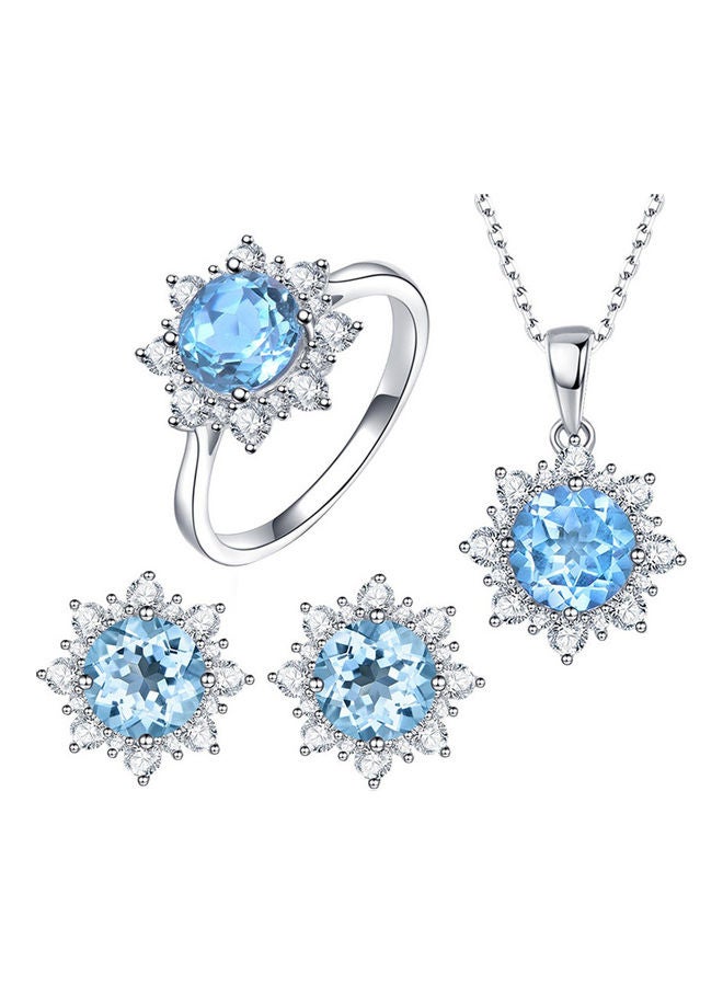 Cubic Zirconia Snowflake Pendant Necklace Stud Earrings Ring Jewelry Set 
