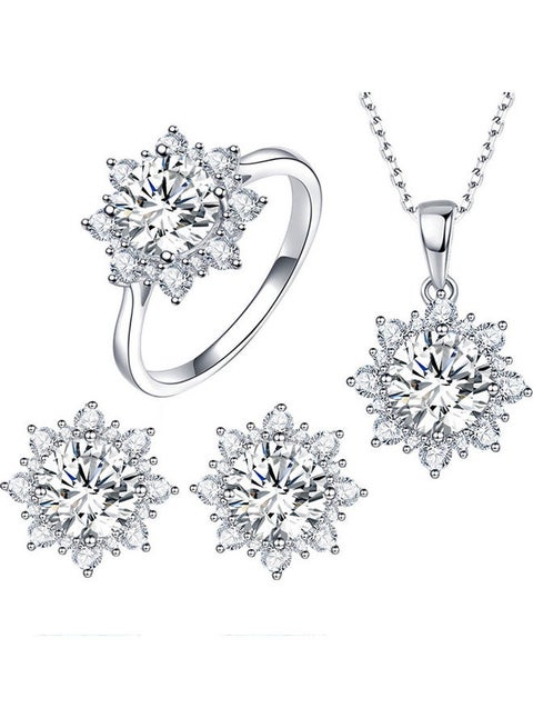 Cubic Zirconia Snowflake Pendant Necklace Stud Earrings Ring Jewelry Set