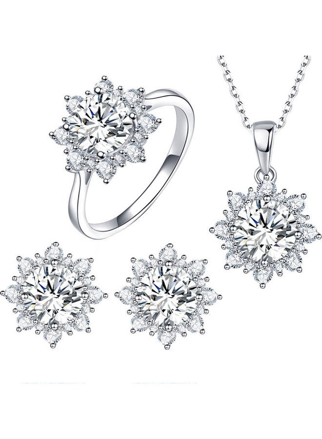 Cubic Zirconia Snowflake Pendant Necklace Stud Earrings Ring Jewelry Set 