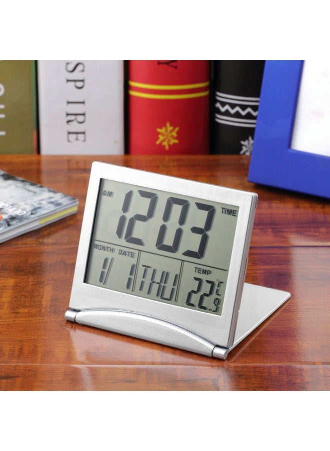 ساعة إلكترونية رقمية بمنبه بشاشة LCD وتصميم قابل للطي مزودة بتقويم وخاصية قياس الحرارة فضي 20*10*20سم - Image 1