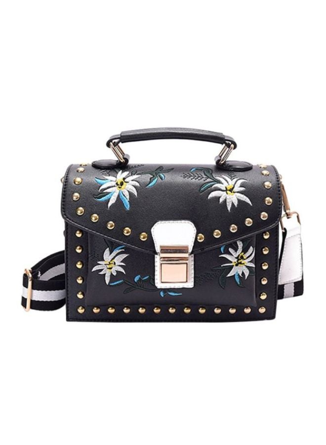 Leather Satchel With Detachable Strap Black/White/Gold