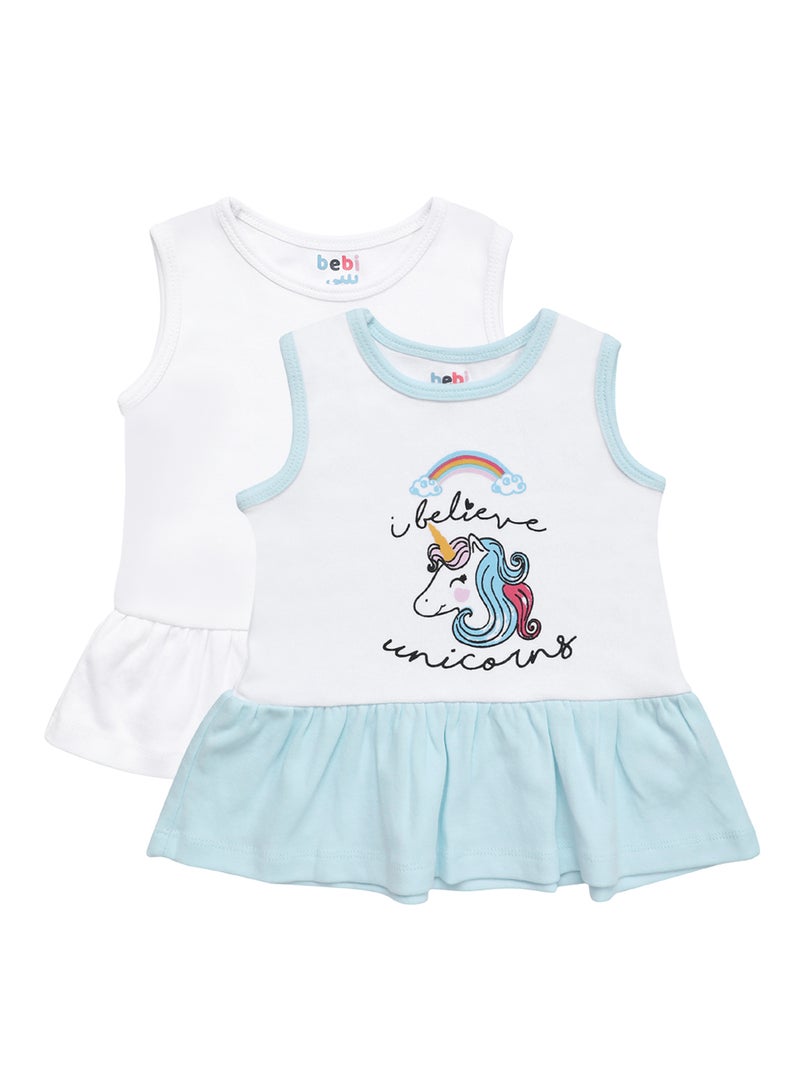 Baby Girls  2-Piece Cotton Sleeveless Dress Set White/Sky Blue