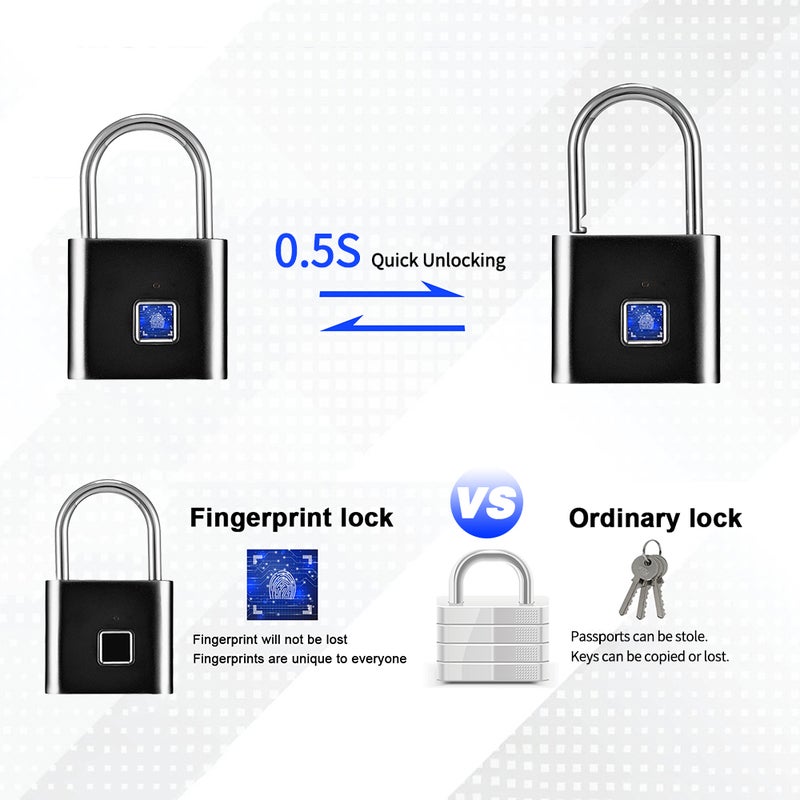 Smart Cabinet Anti-Theft Fingerprint Padlock Black 10 x 1.60 x 5.60cm  - Image 3