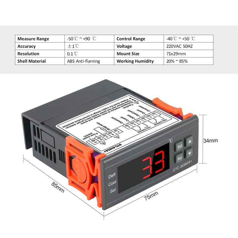 220V Digital Temperature Controller With NTC Sensor Probe Grey/Orange 10 x 6 x 8cm  - Image 2