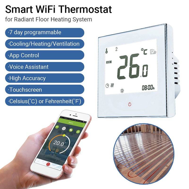 Smart Touchscreen Wi-Fi Programmable Thermostat For Floor Heating System White 10.50 x 5.80 x 9cm - Image 1