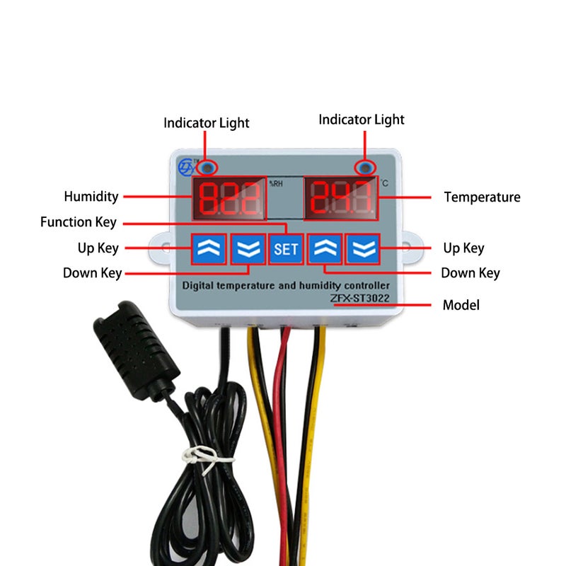ZFX-ST3022 Dual Display Temperature Humidity Controller For Freezer Fridge Hatching Multicolour 7.60 x 3.10 x 5.50cm