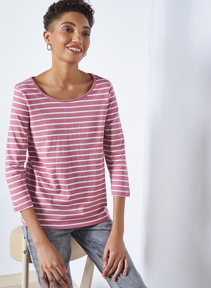 FAME FOREVER Striped Three Quarter Sleeve T-Shirt Mauve  - Image 1