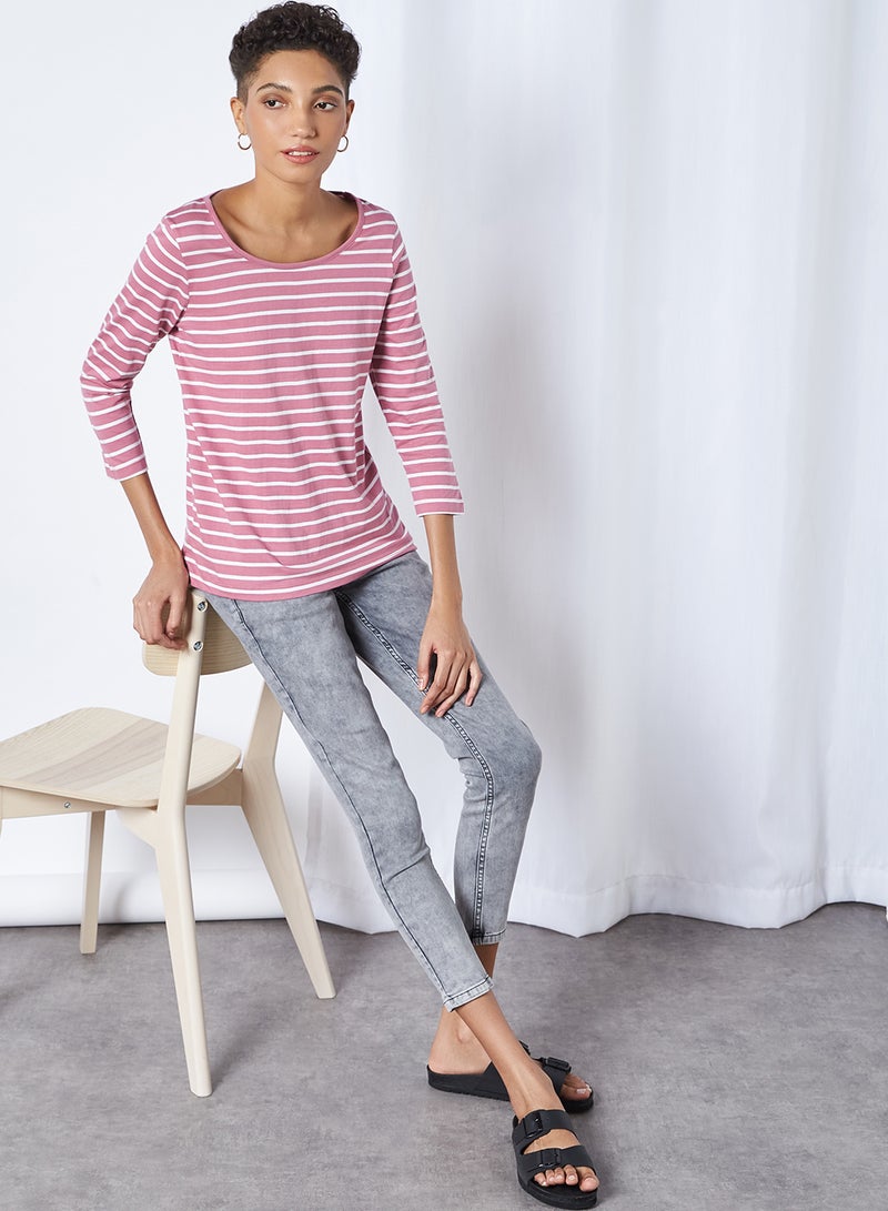FAME FOREVER Striped Three Quarter Sleeve T-Shirt Mauve  - Image 2