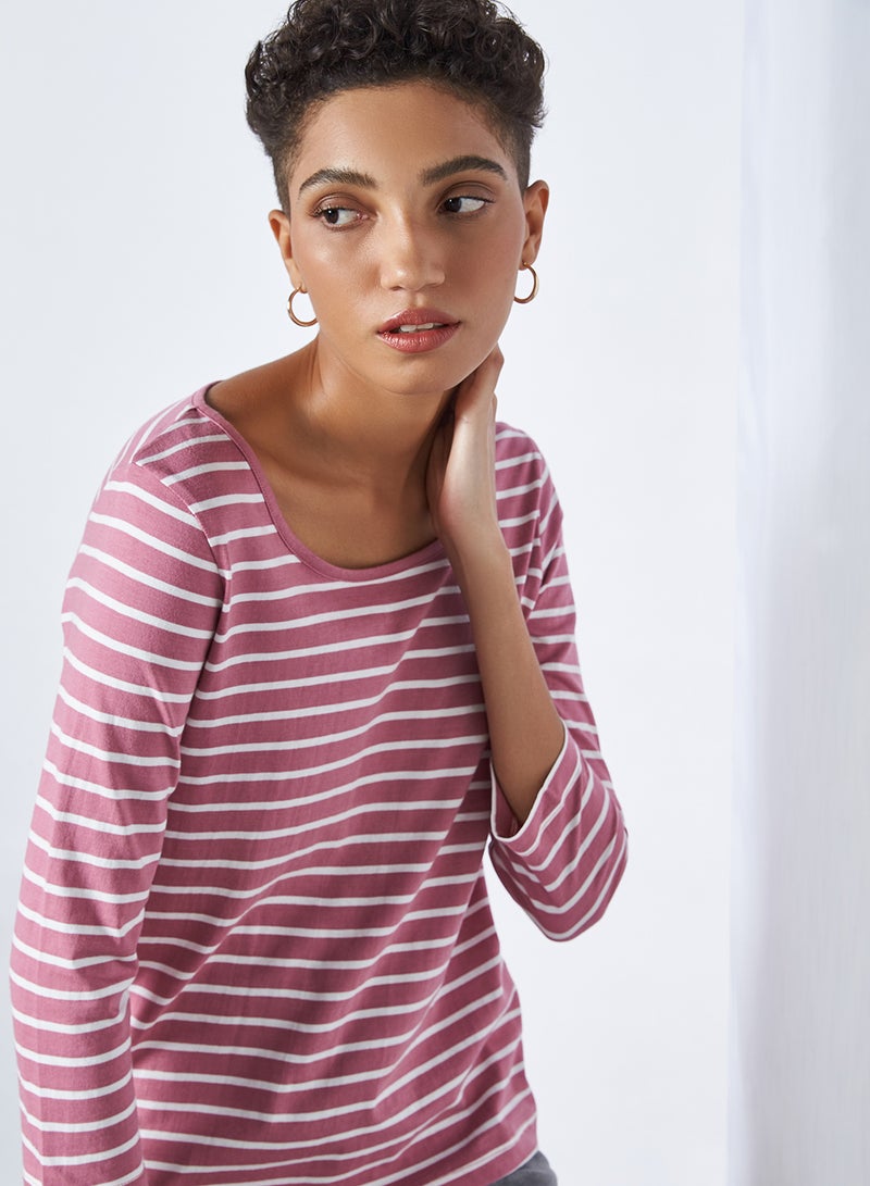 FAME FOREVER Striped Three Quarter Sleeve T-Shirt Mauve  - Image 3
