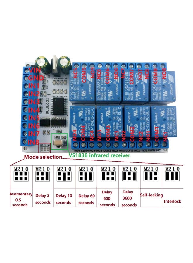 IR23F08 8 Channel Multi-Function Infrared Remote Control Relay Module White/Silver  - Image 2