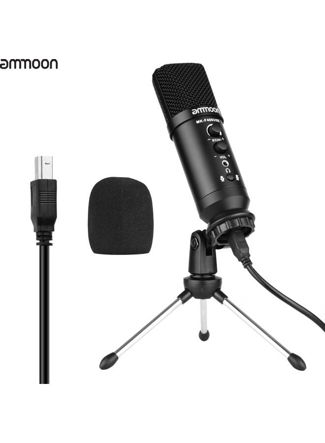 ammoon - USB Condenser Microphone with Mini Desktop Metal Tripod Stand & Windscreen Black - Image 1