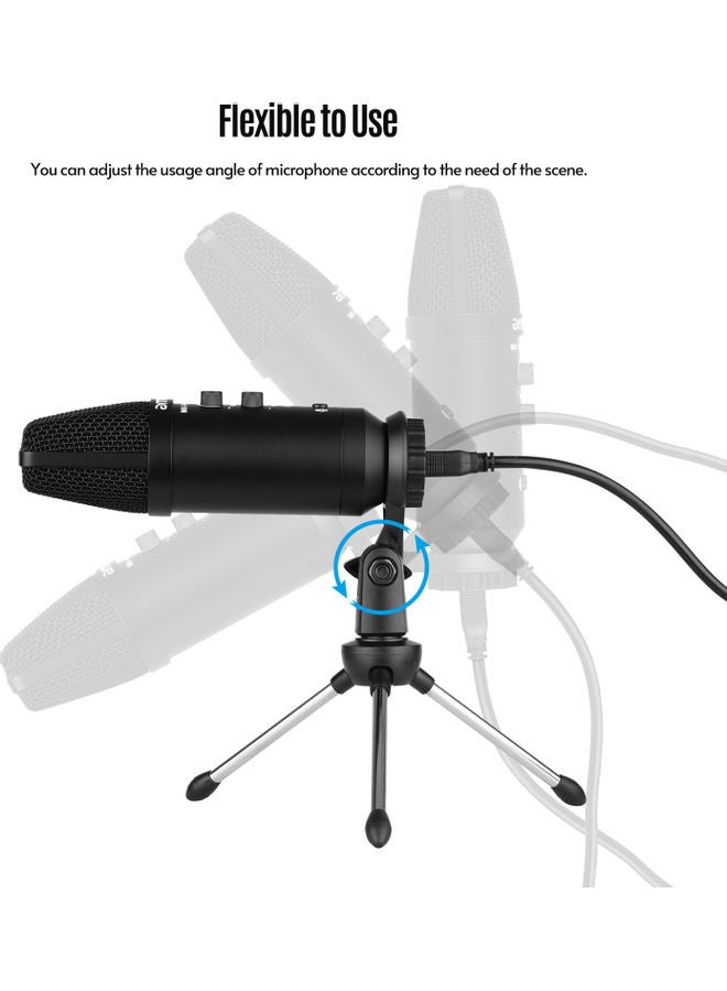 ammoon - USB Condenser Microphone with Mini Desktop Metal Tripod Stand & Windscreen Black - Image 1