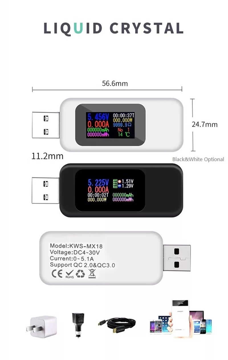 10-In-1 Digital USB Tester With LCD Display Black 14.70 X 1.20 X 9.40cm  - Image 2
