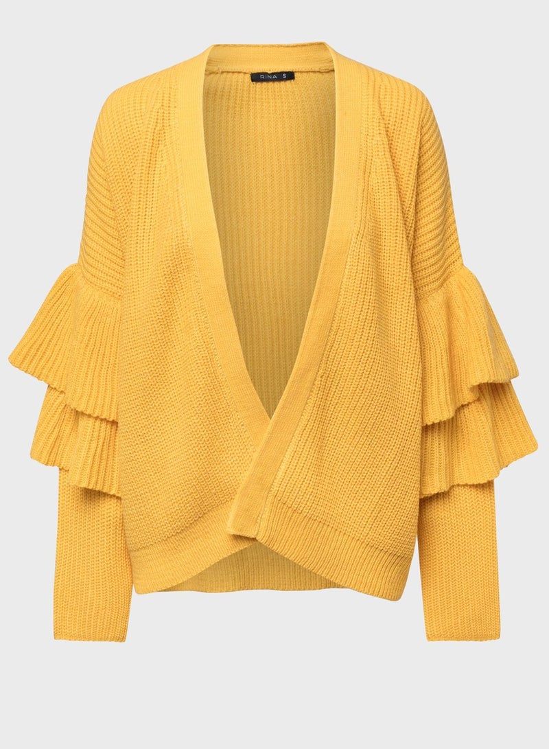 RINA - Knitted Layered Sleeve Cardigan Yellow - Image 1