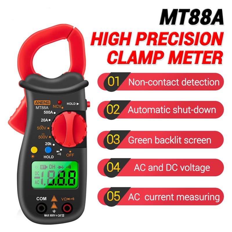 Generic - Clamp Meter Multimeter LCD Digital Universal 1999 Counts Auto Handheld DC/AC Voltage Voltmeter 500A AC Current Ammeter Frequency Capacitance Tester Black /Red 18.00X4.50X10.00cm - Image 1