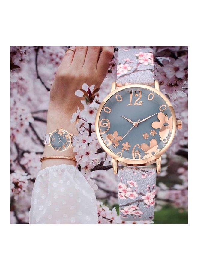 women Creative Floral Round Dial Analog Faux Leather Band Women Quartz Wrist Watch - Image 2