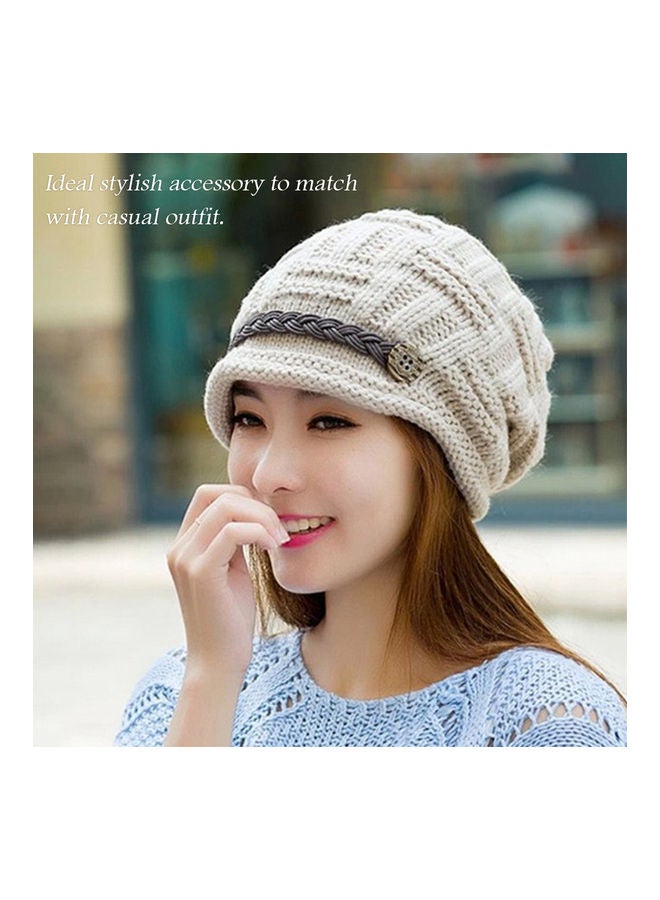 Generic Women Winter Knitted Braided Beanie Hats Cabled Checker Pattern Hat Beret Slouchy Button Leather Belt Cap 25.0x15.0x2.0cm  - Image 2