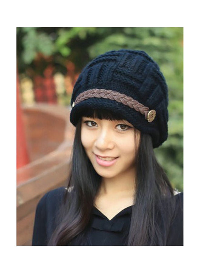Generic Women Winter Knitted Braided Beanie Hats Cabled Checker Pattern Hat Beret Slouchy Button Leather Belt Cap 25.0x15.0x2.0cm  - Image 3