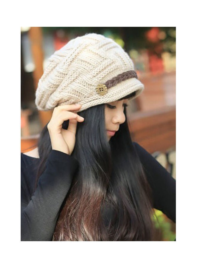 Generic Women Winter Knitted Braided Beanie Hats Cabled Checker Pattern Hat Beret Slouchy Button Leather Belt Cap 25.0x15.0x2.0cm  - Image 4