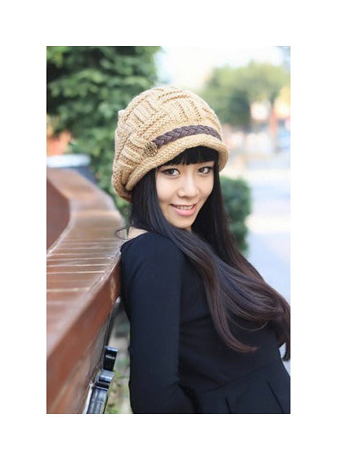 Generic Women Winter Knitted Braided Beanie Hats Cabled Checker Pattern Hat Beret Slouchy Button Leather Belt Cap 25.0x15.0x2.0cm  - Image 5
