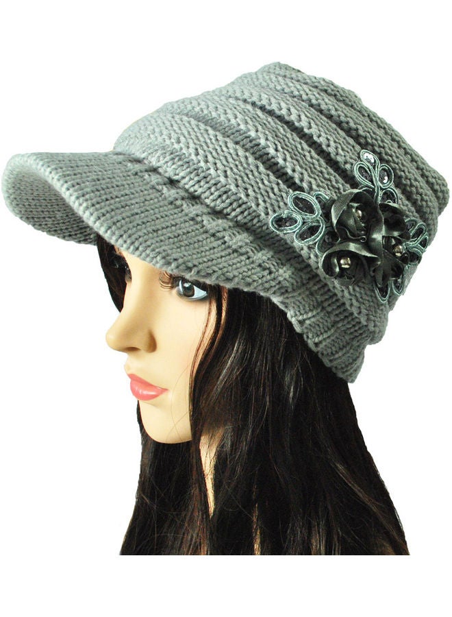 Generic Winter Women Cable Knitted Visor Hat with Flower Accent Thick Soft Warm Beanie Hats Wool Cap 25.0x18.0x4.0cm  - Image 4