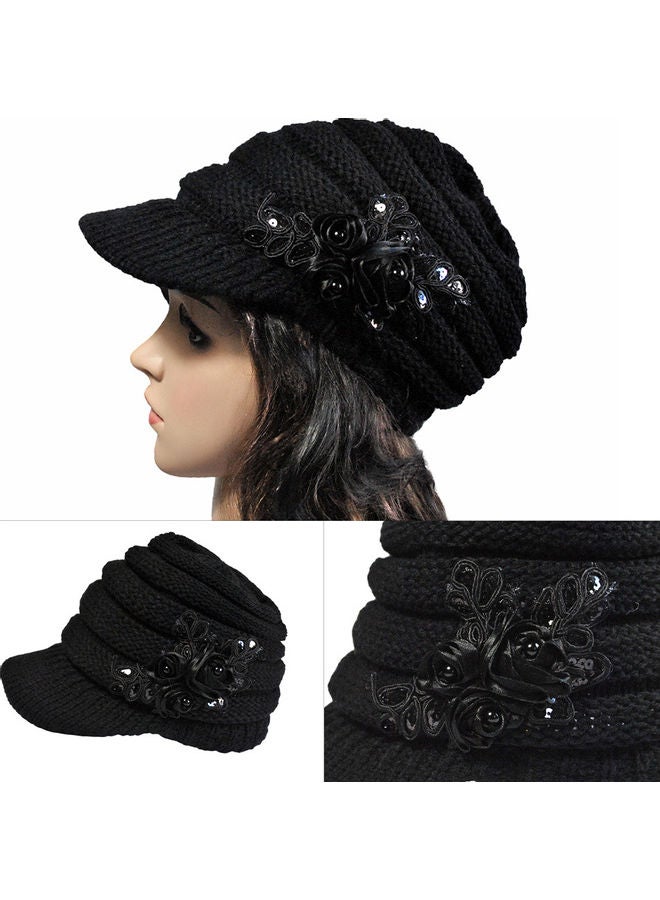 Generic Winter Women Cable Knitted Visor Hat with Flower Accent Thick Soft Warm Beanie Hats Wool Cap 25.0x18.0x4.0cm  - Image 5