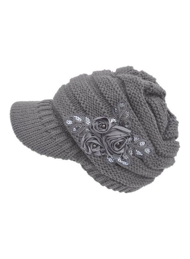 Winter Women Cable Knitted Visor Hat with Flower Accent Thick Soft Warm Beanie Hats Wool Cap 25.0x18.0x4.0cm