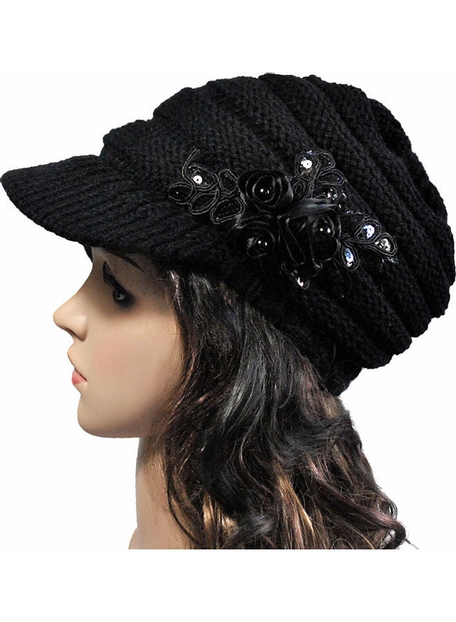 Winter Women Cable Knitted Visor Hat with Flower Accent Thick Soft Warm Beanie Hats Wool Cap 25.0x18.0x4.0cm