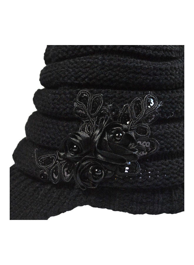 Winter Women Cable Knitted Visor Hat with Flower Accent Thick Soft Warm Beanie Hats Wool Cap 25.0x18.0x4.0cm