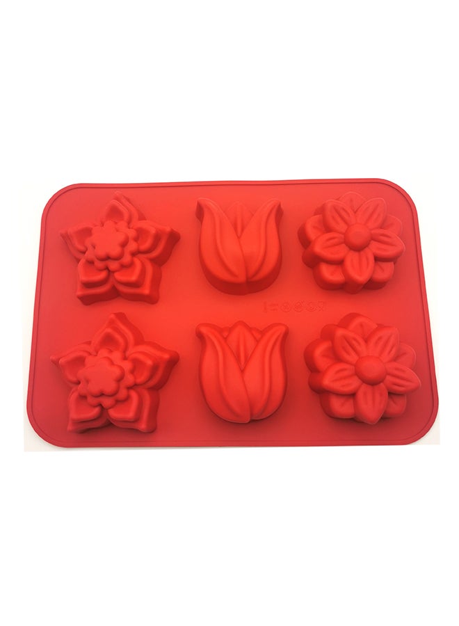 قالب خبز من السيليكون بتصميم زهور مكون من 6 تجاويف أحمر 31x21سم