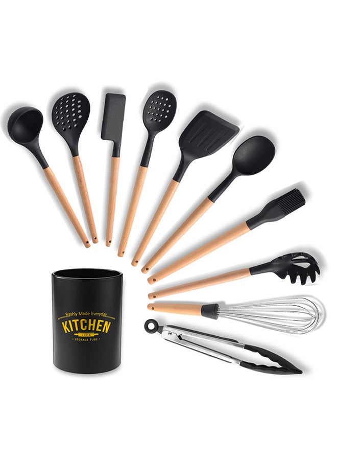 10-Piece Cooking Utensils Set With Wooden Handle Black/Brown