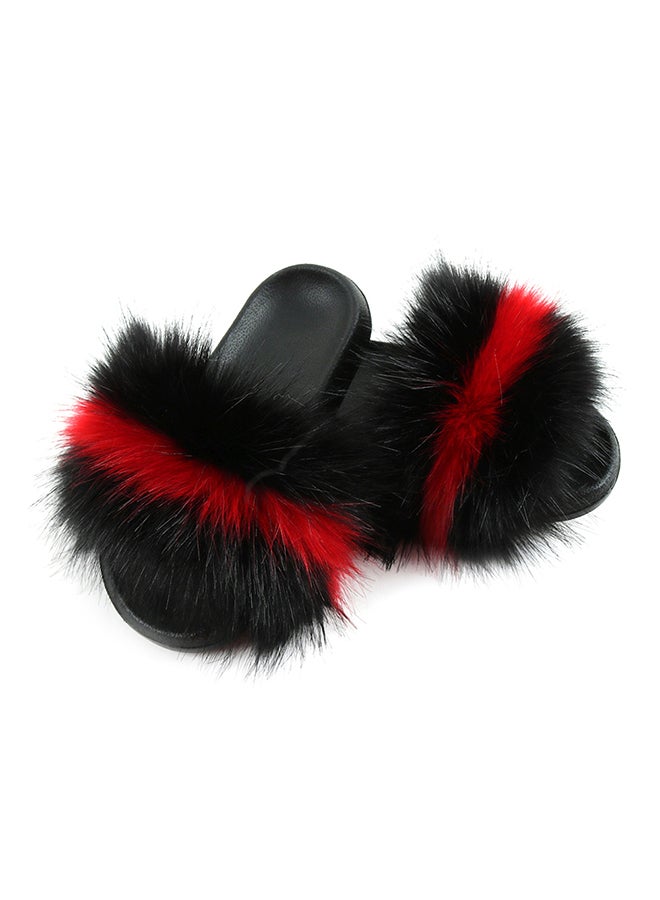 Stylish Women Color Block Faux Fur Flat Slippers Sandals Non Slip Homewear Shoes Black+Wine Red#  - Image 1
