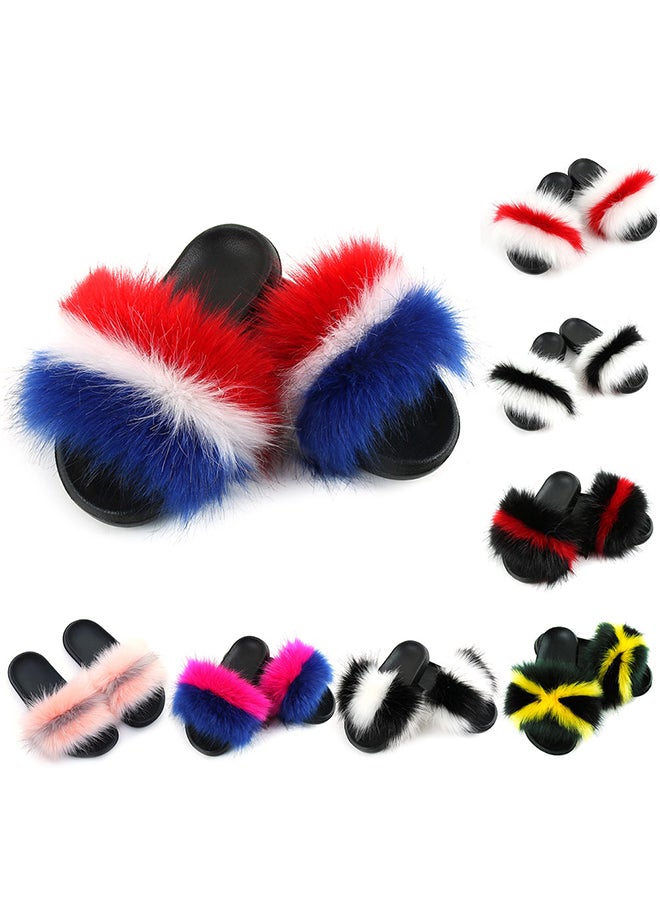 Stylish Women Color Block Faux Fur Flat Slippers Sandals Non Slip Homewear Shoes Black+Wine Red#  - Image 2