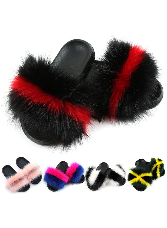 Stylish Women Color Block Faux Fur Flat Slippers Sandals Non Slip Homewear Shoes Black+Wine Red#  - Image 3
