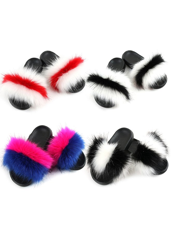 Stylish Women Color Block Faux Fur Flat Slippers Sandals Non Slip Homewear Shoes Black+Wine Red#  - Image 4